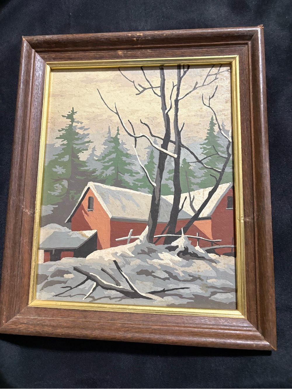 Vintage framed "Winter Scene" paint-by-number painting -1960-1970